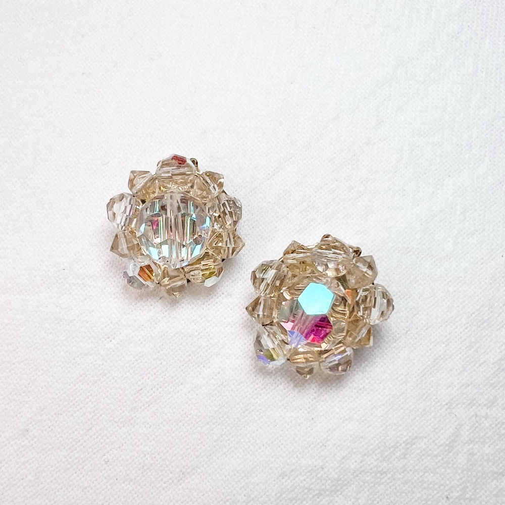 Vintage Lisner Aurora Borealis Rhinestone Cluster Clip On Earrings